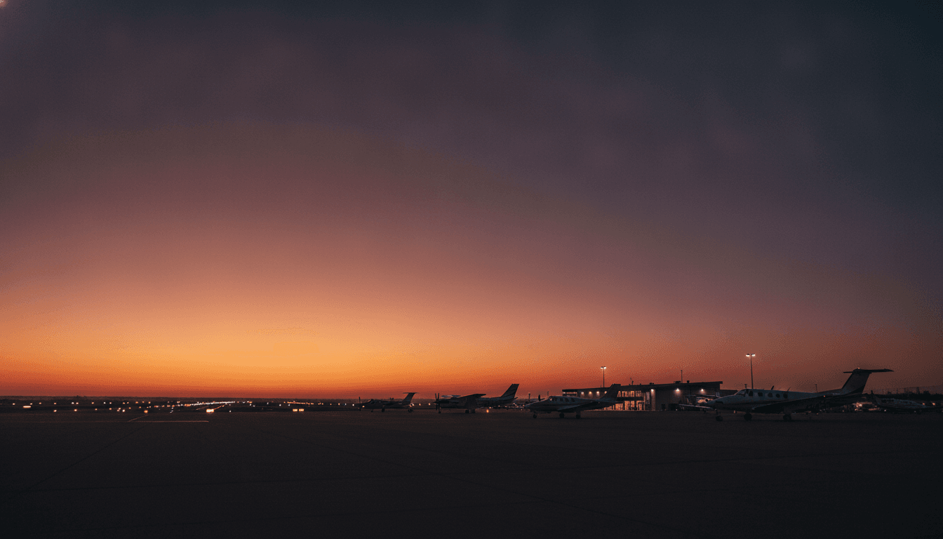 Regional airport runway at dusk with control tower and parked aircraft