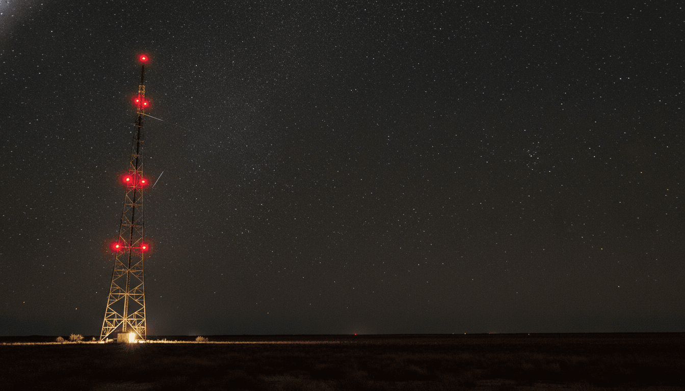 Broadcast transmission tower at night with aviation warning lights against star-filled sky
