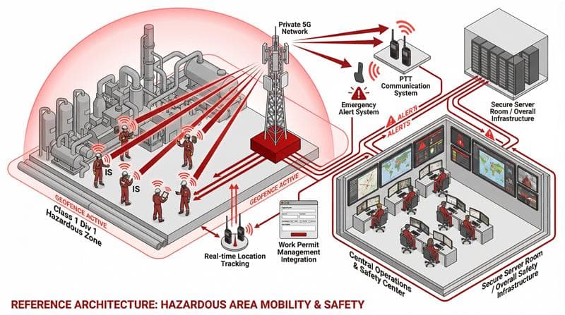 Hazardous Area Mobility & Safety reference architecture diagram — Clover IQ