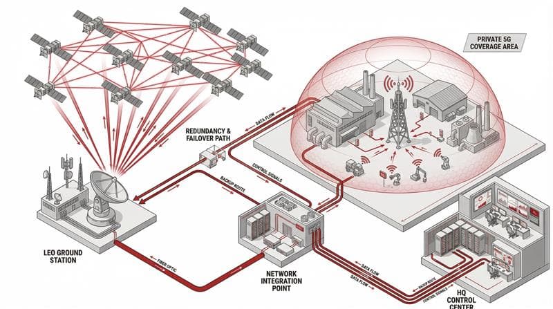 Hybrid LEO Satellite + Private 5G reference architecture diagram — Clover IQ