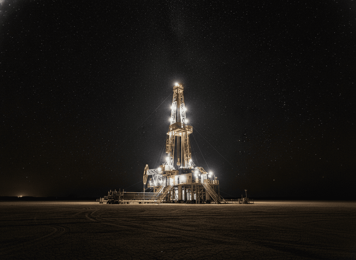 Remote drilling rig at night lit by floodlights against Texas night sky