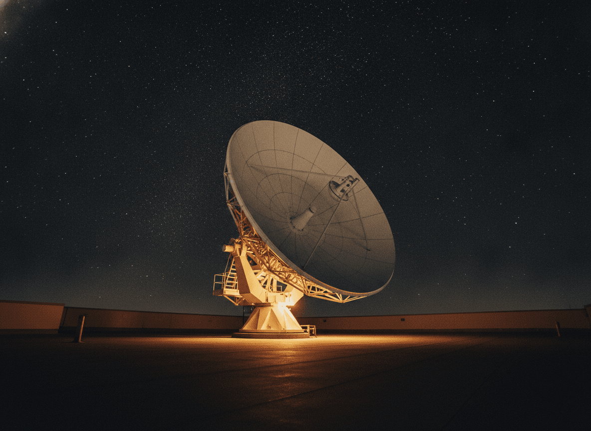 Single large satellite dish at night illuminated from below
