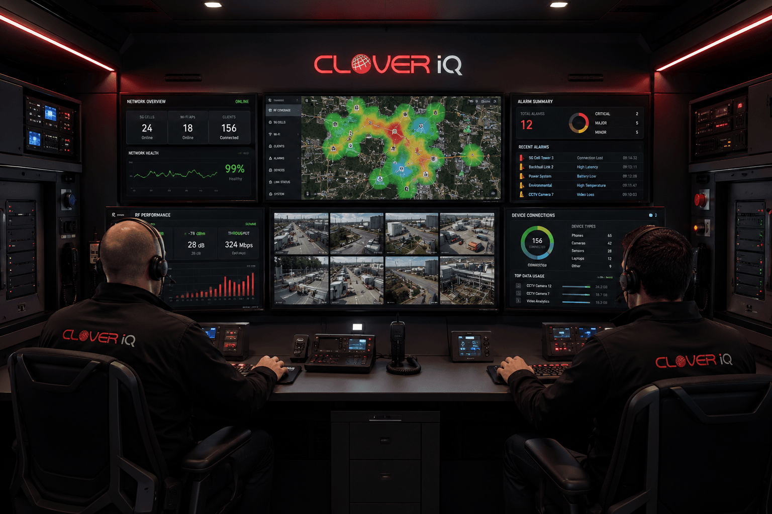 Interior of the Clover IQ mobile control room with operator workstations and on-prem compute