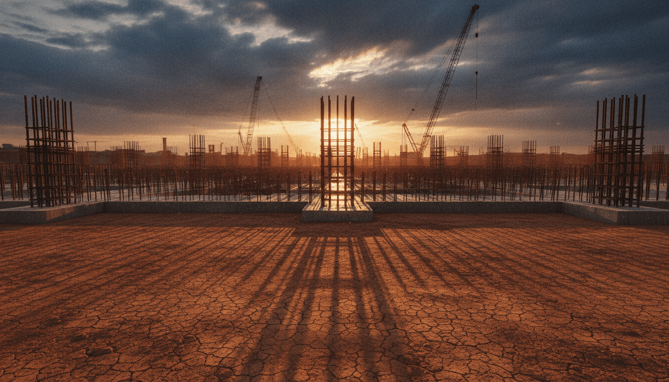 Large Texas construction site at golden hour with cranes and foundation work