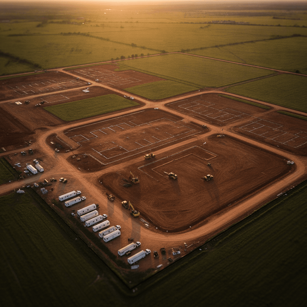 Aerial view of greenfield construction site with no connectivity infrastructure