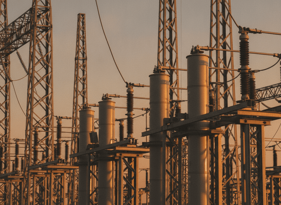 Transmission line corridor across flat Texas landscape at golden hour