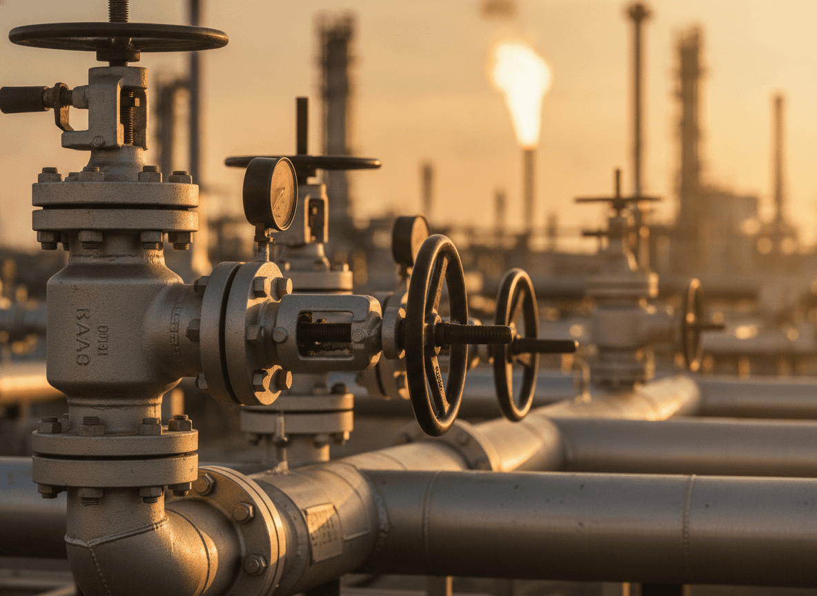 Industrial pipe manifolds at a Gulf Coast refinery at golden hour