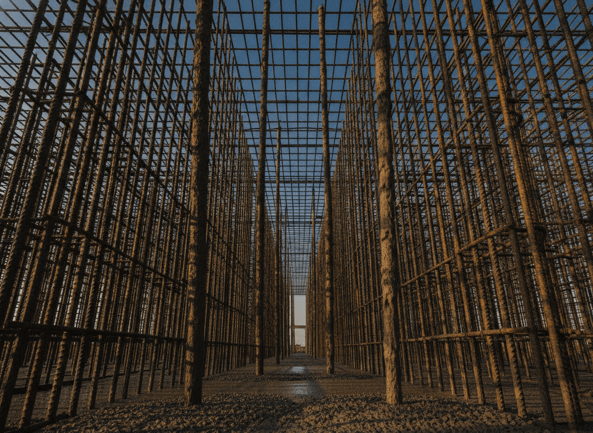Steel rebar columns on a Texas construction site at golden hour