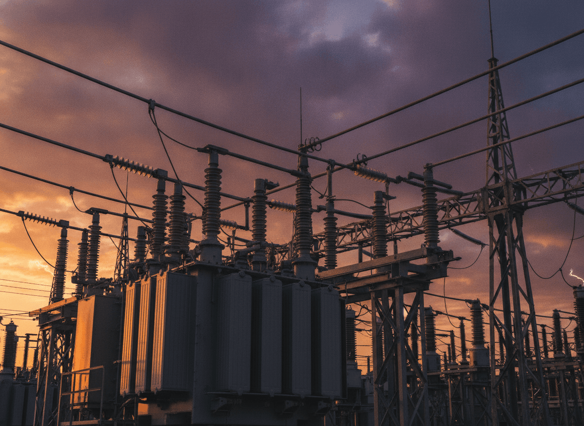 Electrical substation transformer banks at golden hour — Clover IQ substation security deployment